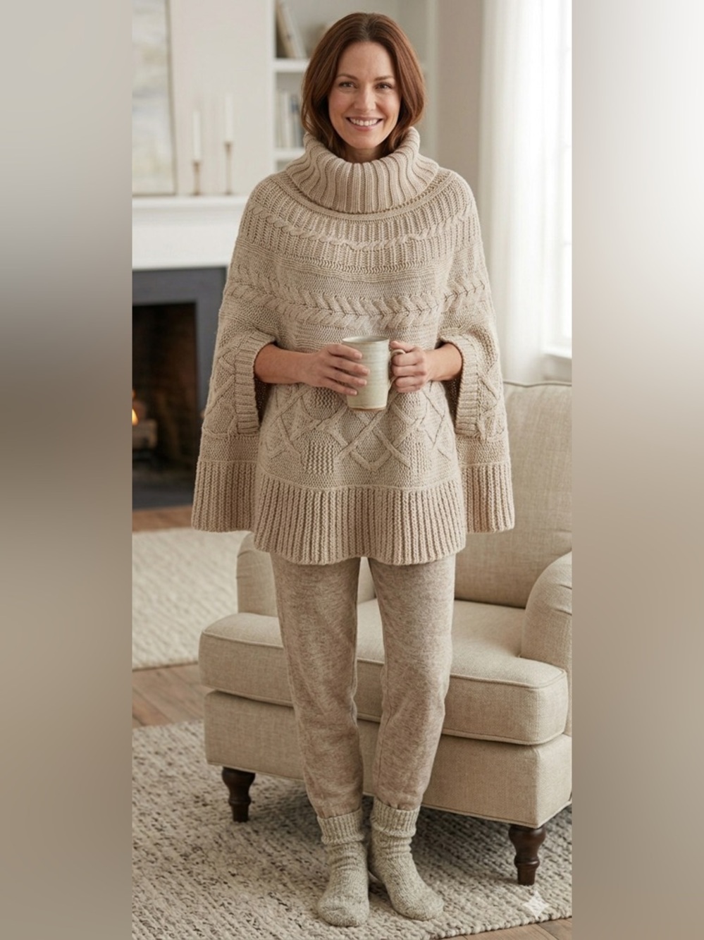 Cocogio Italy Alpaca Wool Blend Cable Knit Poncho Sweater Cozy Neutral OS